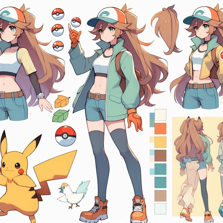 the character sheet for pokemon's pikachu is shown in three different poses