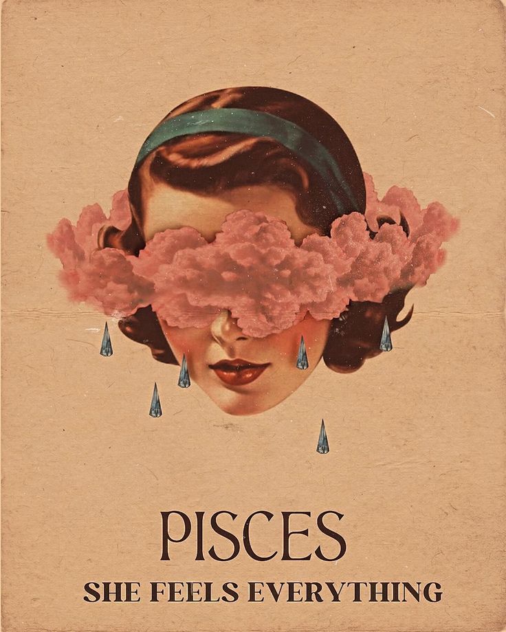 an advertisement for pisces with a woman's face surrounded by pink clouds