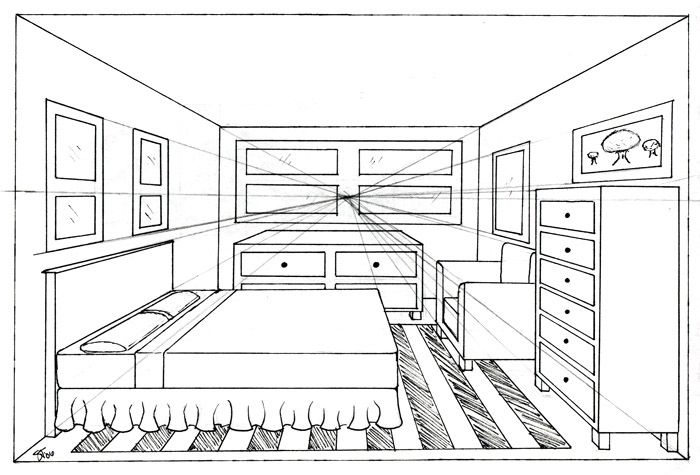 a line drawing of a bedroom with drawers, bed and dressers in the corner