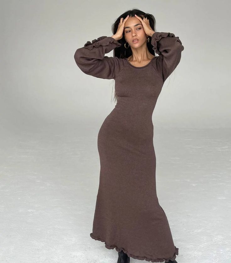 F00195051-202 Maxi Bodycon Dress, Maxi Dress Outfit, Sweater Maxi Dress, Long Knitted Dress, Maxi Knit Dress, Daily Dress, Cutout Dress, Maxi Dress With Sleeves, Flared Sleeves