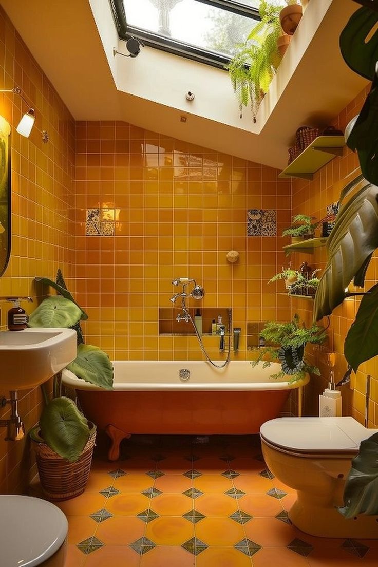 an orange tiled bathroom with a skylight above the bathtub and toilet, surrounded by potted plants