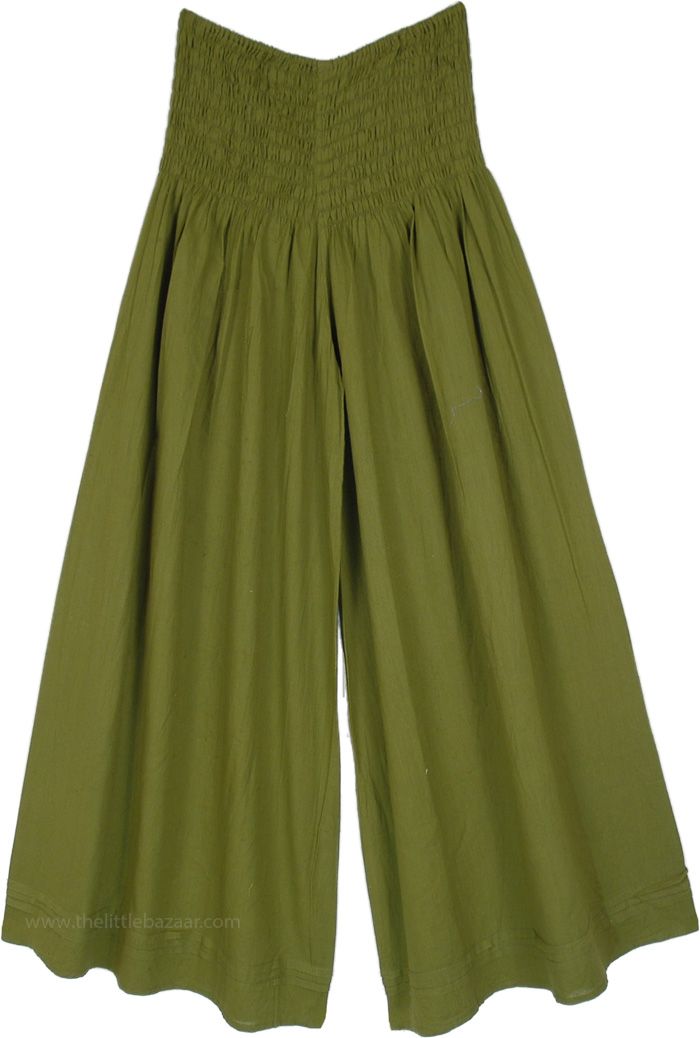 A light cotton variant of palazzo-style pants with a smocked waist.  The wide-leg style adds to the comfort. #tlb #SplitSkirtsPants #vacationclothing #beachwrap #WideLegPants #GreenPants #HippiePants Cotton Wide Leg Pants For Beach Season, Beach Season Wide Leg Harem Pants With Elastic Waistband, Wide Leg Harem Pants With Elastic Waistband For Beach, Green Cotton Wide Leg Vacation Pants, Green Cotton Harem Pants For Vacation, Green Cotton Wide Leg Pants For Vacation, Beach Cotton Harem Pants In Solid Color, Summer Wide-leg Harem Pants With Elastic Waistband, Beach Harem Pants In Solid Cotton