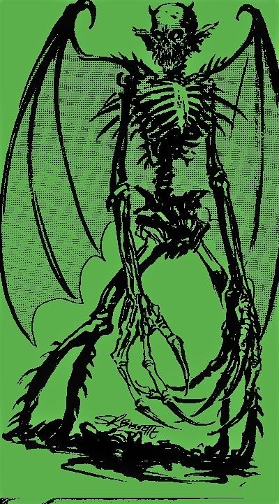 a black and green drawing of a demon with wings on it's back legs