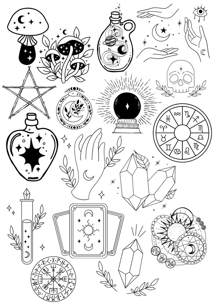 a black and white drawing of various items in the shape of a clock, star, moon