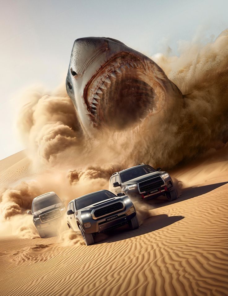 four vehicles driving in the sand with a shark head on it's back end