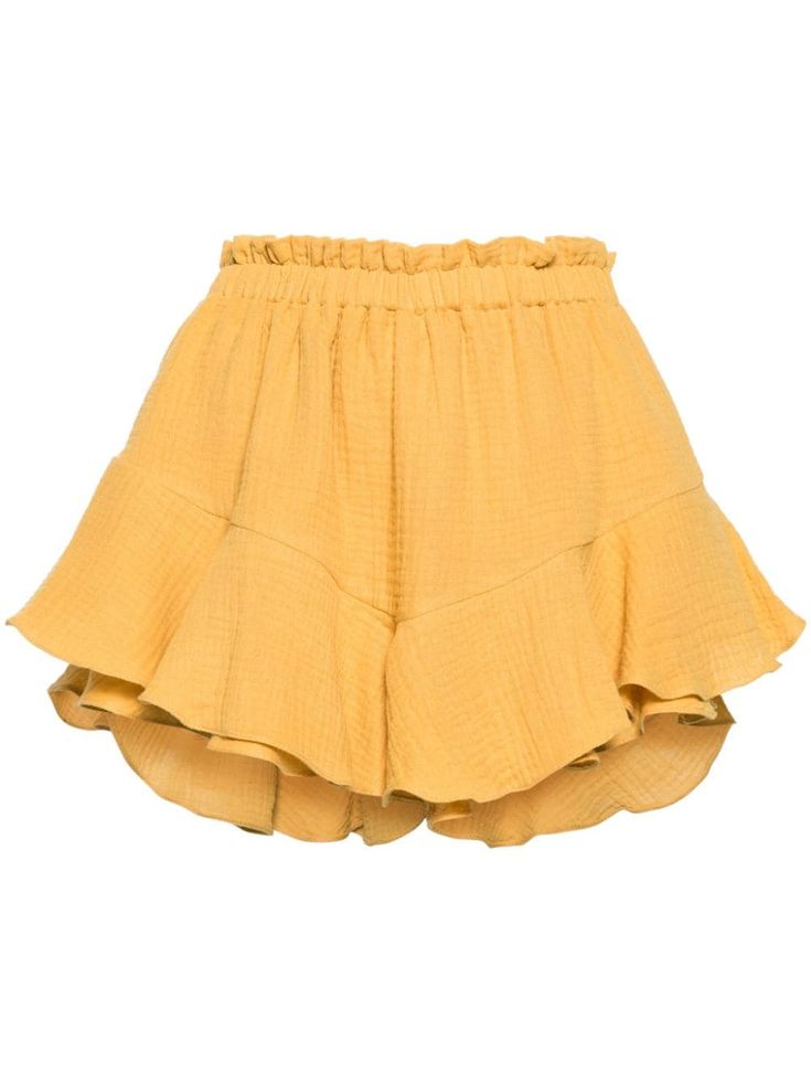 mustard yellow cotton crinkled finish ruffled trim layered design elasticated waistband above-knee length unlined Frilly Shorts, Yellow Skirt, Versace Outfit, Airport Fashion, Layered Design, Yellow Shorts, Iconic Bags, Ruffle Shorts, Mini Shorts