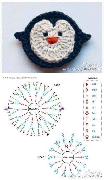 a crocheted penguin is shown with the instructions to make it look like he's smiling