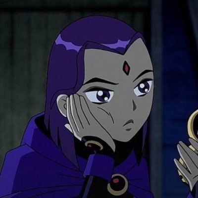 an animated character with blue eyes and purple hair holding a gold object in her hand