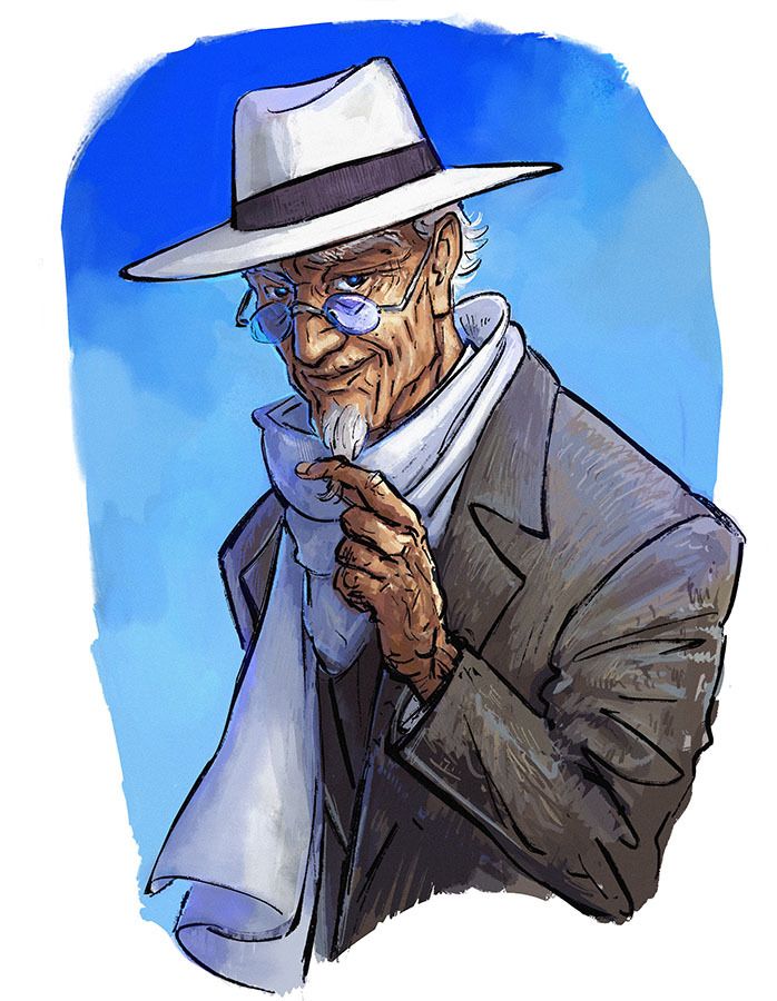 an old man in a suit and hat is looking at his cell phone while wearing a scarf