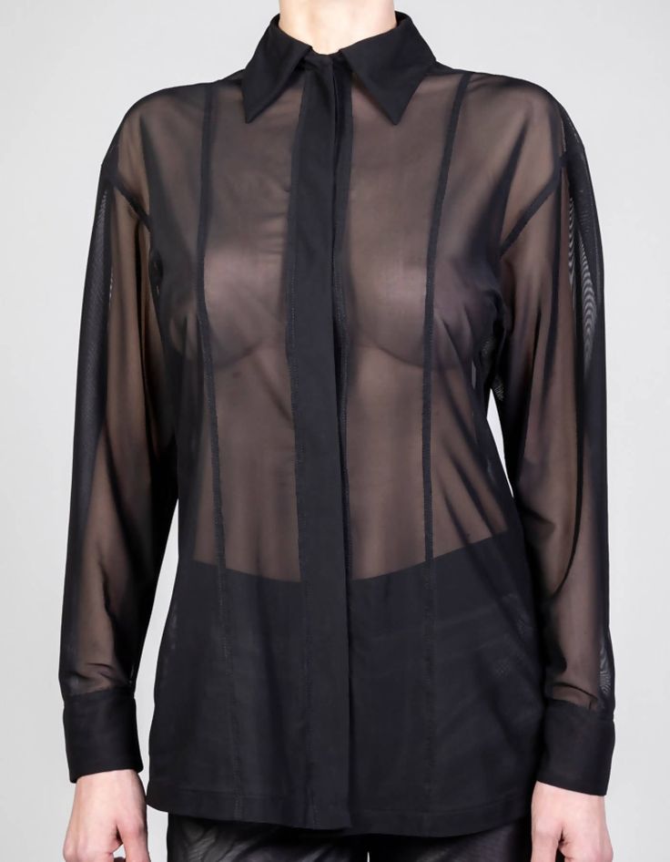 TECHNOCRACYBlack tulle dropped shoulder blouse w/ concealed press button fastening. 100% polyesterModel wears size SFront length: 68cmBack length (excl. collar): 74cmSleeve length: 49cmCuff: 7cmShoulder: 18,5cm Sheer Button-up Blouse, Sheer Long Sleeve Office Blouse, Sheer Long Sleeve Blouse For Work, Sheer Long Sleeve Office Top, Sheer Button-up Chic Blouse, Chic Sheer Button-up Blouse, Sheer Long Sleeve Tops For Work, Chic Sheer Button-up Tops, Sheer Long Sleeve Shirt For Work