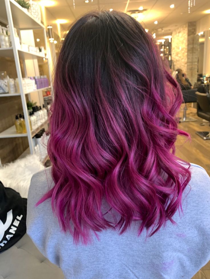 Dark Brown With Pink Hair, Magenta Balayage Hair, Dark Brown Hair With Magenta Balayage, Brunette And Pink Balayage, Pink With Dark Roots, Brown And Fuschia Hair, Dark Root Colored Hair, Brown To Magenta Ombre Hair, Pink Balayage On Dark Hair