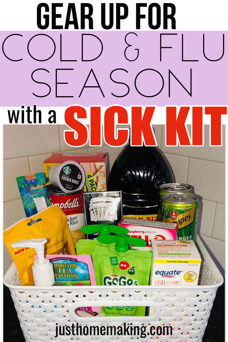 Prepare for Cold & Flu Season with a Sick Kit. This Cold and Flu Season,  make sure you’re a prepared mom with a DIY Sick Kit for kids. The next  time your kids or someone in your house has a sick day, you’ll be ready  with this Survival Kit. You could also make this Cold & Flu Care  Package for a friend or coworker who might be sick. Sick Box Care Packages, Sickness Gift Basket, Diy Sick Care Package, Sick Care Package Friends, Sick Care Basket, Sick Care Package Ideas, Sick Day Care Package, Sick Day Basket, Care Package Ideas For Friend Sick