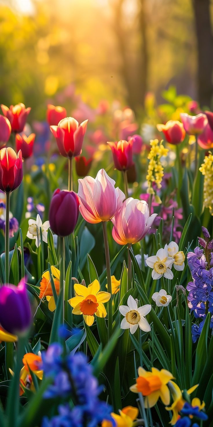 a field full of colorful flowers with the sun shining through the trees in the background