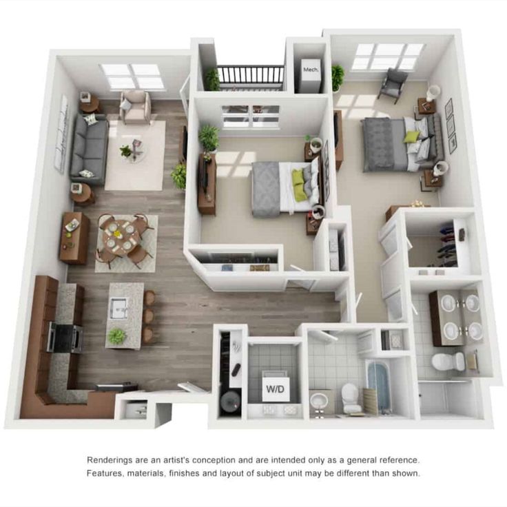 the floor plan for a two bedroom apartment with an attached kitchen and living room area