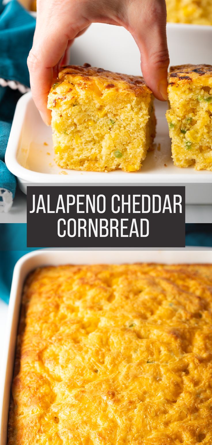 someone is holding up a piece of jalapeno cheddar cornbread