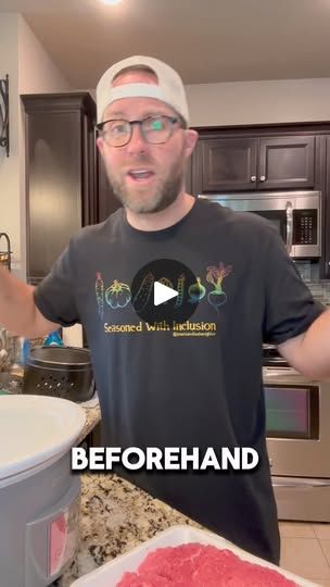 a man standing in front of a kitchen counter with food on it and the words beforehand