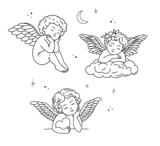 three angels sitting on clouds with stars in the sky