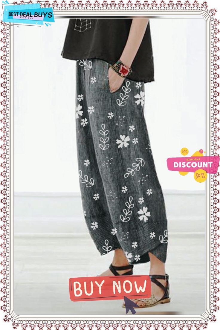 Women Casual Floral Printed Cottonpockets Pants Spring Gray Harem Pants With Pockets, Baggy Spring Harem Pants With Side Pockets, Baggy Harem Pants With Side Pockets For Spring, Spring Baggy Pants With Side Pockets, Baggy Gray Harem Pants With Pockets, Baggy Pants With Hip Pockets For Spring, Spring Ankle-length Harem Pants With Side Pockets, Spring Ankle-length Bottoms With Pockets, Ankle-length Relaxed Fit Harem Pants