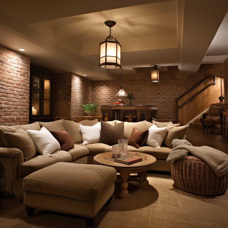 a living room filled with lots of furniture next to a stair case and brick wall