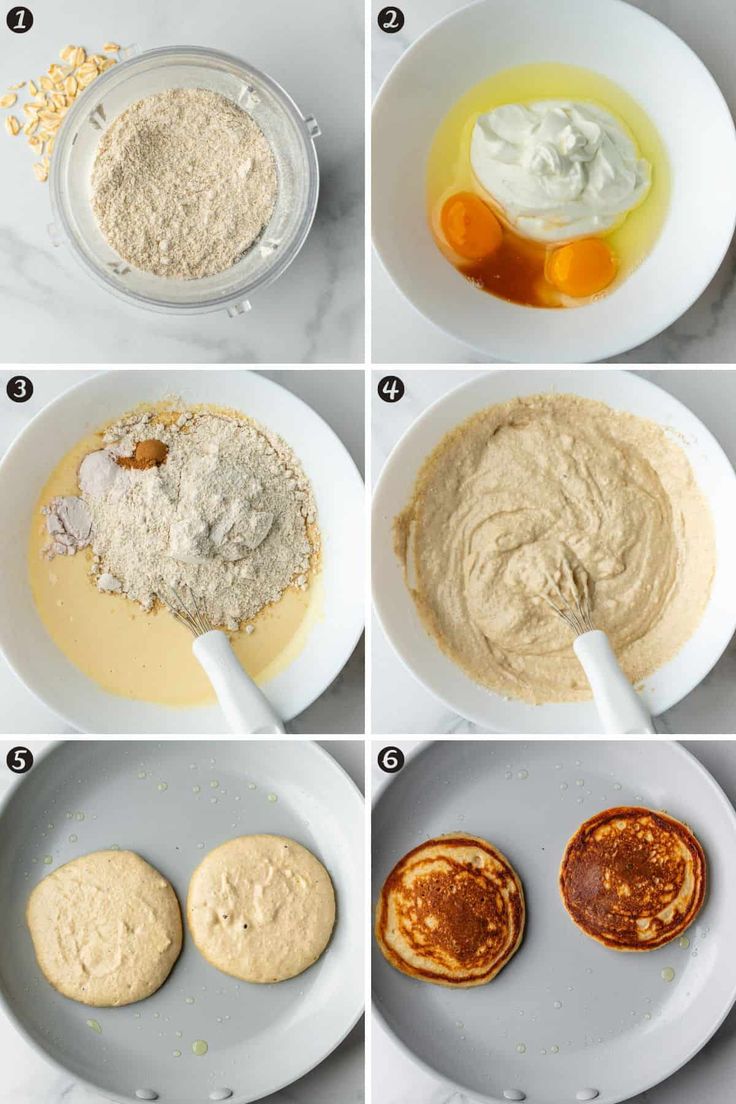 the steps to making pancakes in a bowl