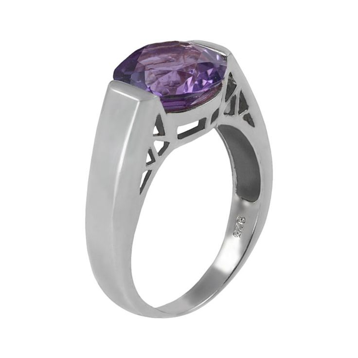 Glittering glamour. A round-cut amethyst stone gives this sterling silver ring a vibrant pop of color. Create a head-turning look when you pair it with a new pendant. Click on this JEWELRY & WATCHES GUIDE to learn about fit, styles, materials and more! Sterling silver open-worked setting lends stunning shine. Details: 10-mm width Sterling silver  Size: 6. Color: Purple. Gender: female. Age Group: adult. Elegant Purple Amethyst Signet Ring, Elegant Amethyst Gemstone Signet Ring, Purple Amethyst Round Signet Ring, Purple Amethyst Signet Ring, Formal Faceted Amethyst Ring Fine Jewelry, Purple Faceted Ring For Formal Occasions, Formal Faceted Purple Ring, Formal Purple Faceted Ring, Modern Sterling Silver Amethyst Ring For Formal Occasions