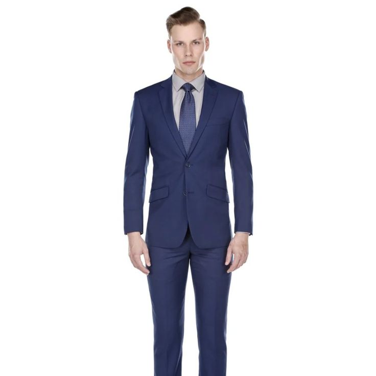 It Features A Standard 2 Button Closure, Back Side Vents On The Jacket, And Flat Fron Pants. Blue Slim Fit Suits With Welt Pockets, Blue Slim Fit Single Breasted Suit, Blue Suits With Hidden Button Closure And Suit Collar, Blue Business Suit With Flat Front, Blue Single-breasted Business Suits, Blue Suits With Hidden Button Closure For Office, Slim Fit Blue Suits For Workwear, Slim Fit Blue Suit For Work, Blue Single Button Professional Suit