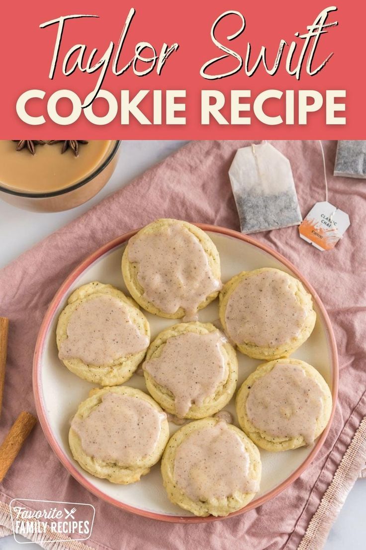 the recipe for taylor swift's cookies is shown on a plate with pink napkins