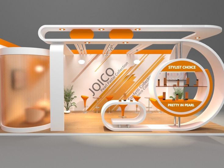 an orange and white stand with furniture on it's display area for interior design