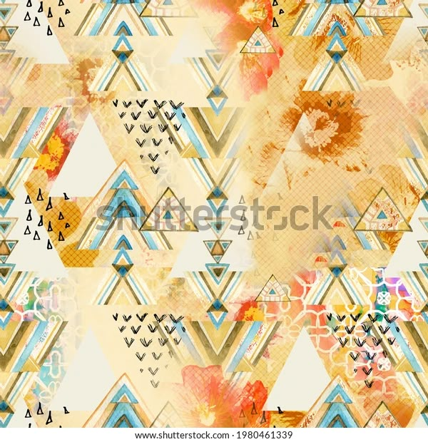 an abstract pattern with triangles and flowers