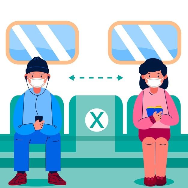 a man and woman sitting on an airplane seat wearing masks while looking at their phones