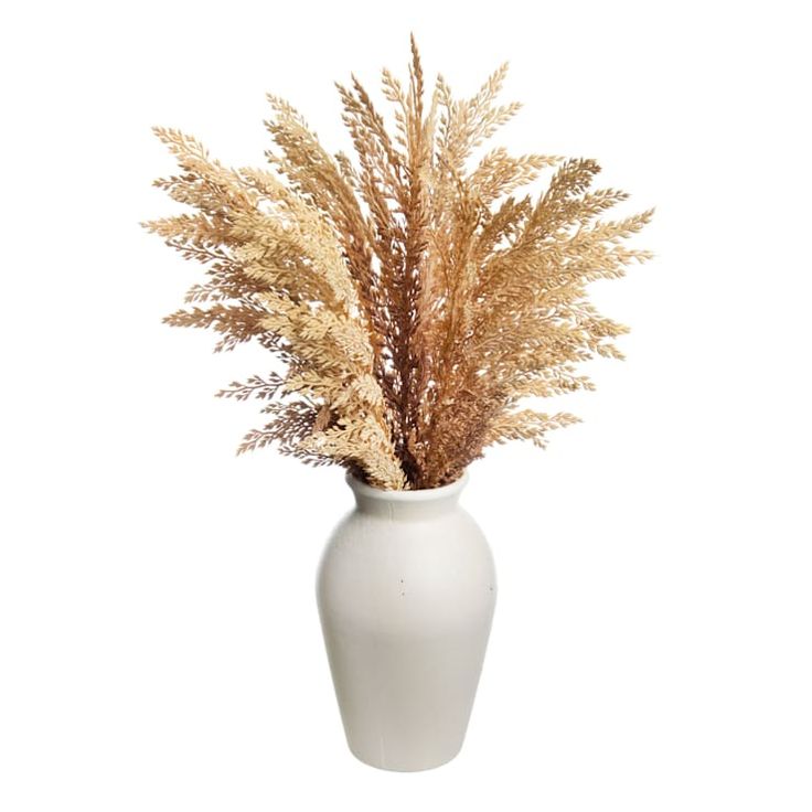 a white vase with some brown flowers in it