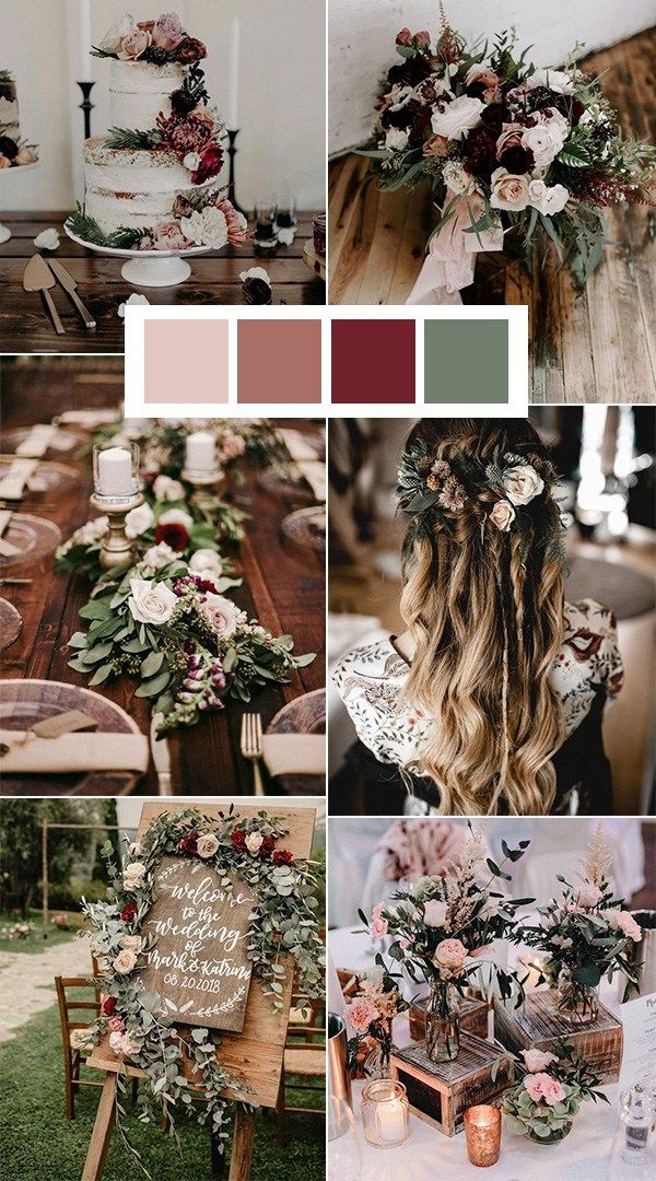 a collage of photos with flowers and greenery on the top, in different colors