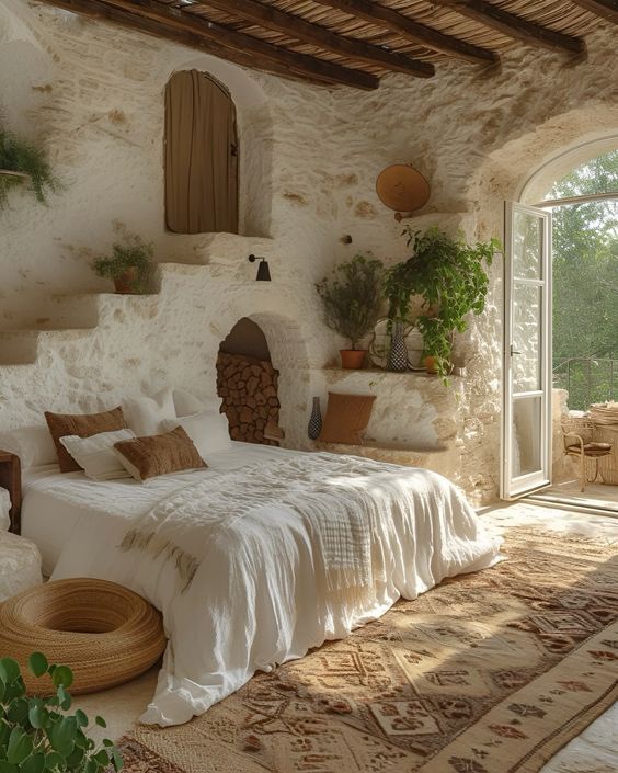 a bedroom with stone walls and white bedding, potted plants on the wall