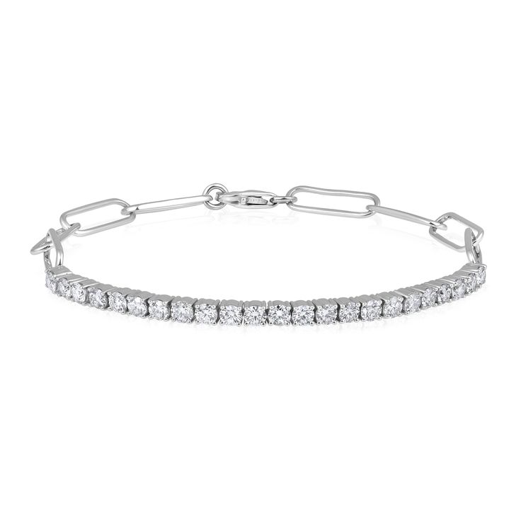 Crafted in 6.96 grams of 14K White Gold, the bracelet contains 23 stone of Round Natural Diamond with a total of 2.03 carat in G-H color and SI clarity. The bracelet length is 7 inches. Classic Link Diamond Bracelet For Anniversary, Formal Link Bracelet With Diamond Cut, Formal Diamond Cut Link Bracelets, Formal Diamond-cut Link Bracelet, Diamond Bracelets With Rectangular Links For Anniversary, Fine Jewelry Diamond Jubilee Link Bracelet, Classic White Gold Link Tennis Bracelet, Fine Jewelry Diamond Link Jubilee Bracelet, Formal Gold Cubic Zirconia Link Bracelet