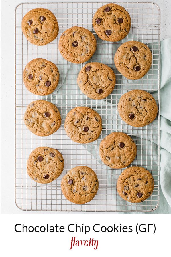 chocolate chip cookies gf on a cooling rack with text overlay that reads, chocolate chip cookies gf