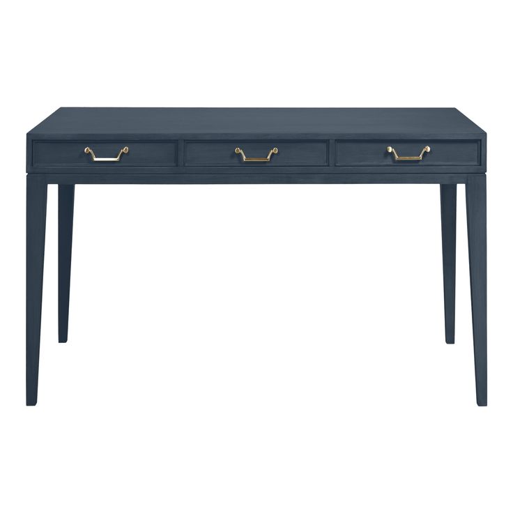 a blue table with two drawers on top and one drawer open to reveal the bottom