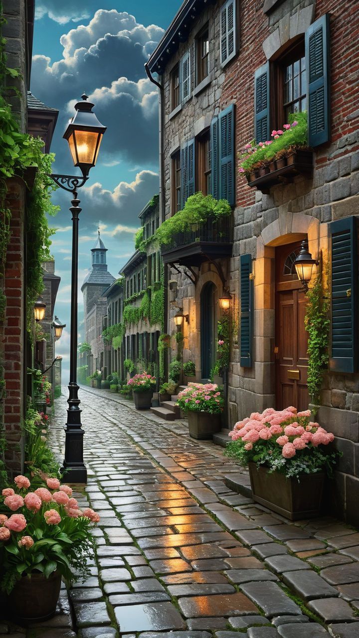 a cobblestone street with pink flowers and green shutters on each side, under a cloudy sky