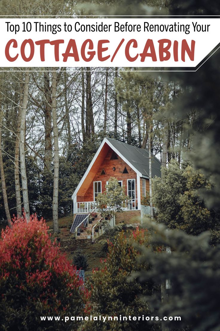 a cabin surrounded by trees and bushes with the words cottage / cabin written on it