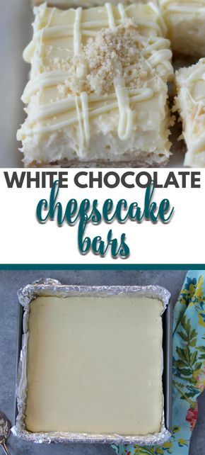 white chocolate cheesecake bars in tins with text overlay that reads, white chocolate cheesecake bars