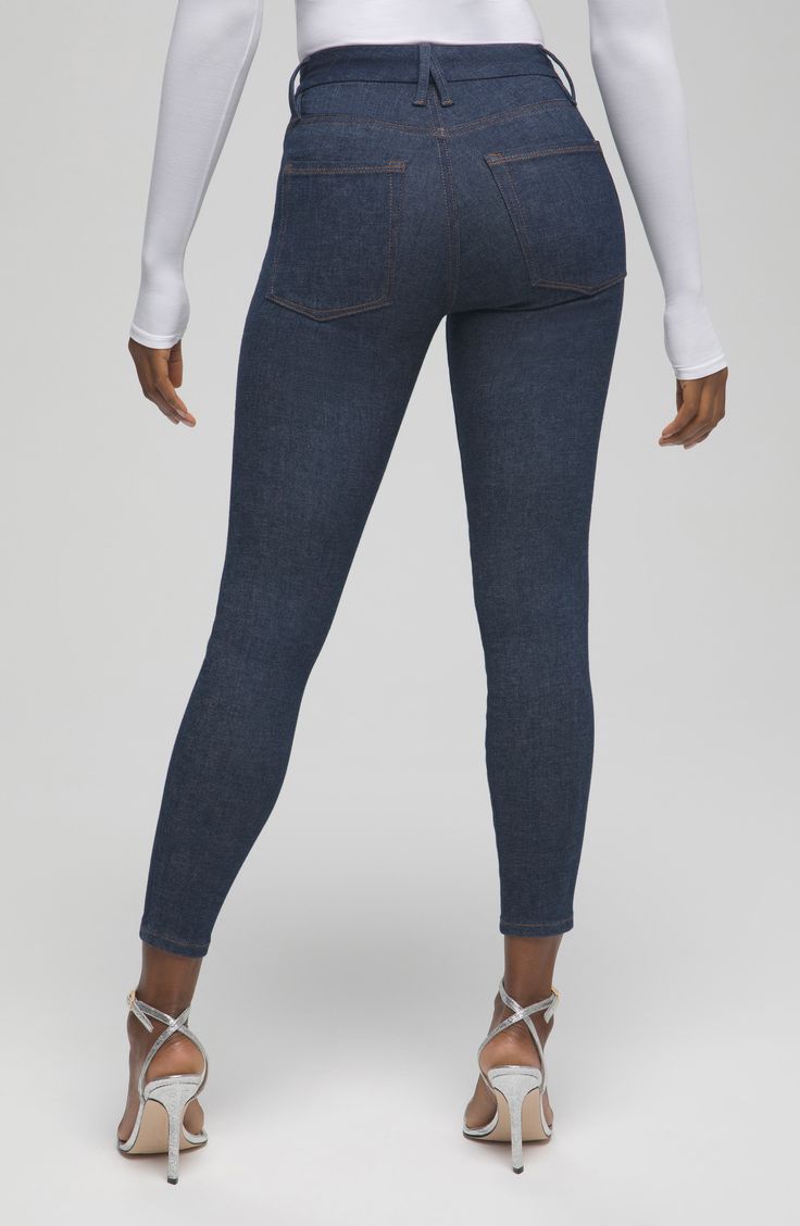 Create the perfect fit every time with these indigo-wash skinnies designed with premium stretch denim that changes with your body up to four different sizes. 28" inseam; 9" leg opening; 9 1/2" front rise; 14" back rise (size 00-4) Zip fly with button closure Five-pocket style 86% cotton, 5% recycled cotton, 5% polyester, 4% Lycra® spandex Machine wash, tumble dry Made in Turkey Women's Clothing Black Owned and Founded Non-stretch Dark Wash Jeans, Versatile Non-stretch Dark Wash Jeans, Denim Blue Fitted Mid-rise Cropped Jeans, Fitted Dark Wash Cropped Jeans For Everyday, Denim Blue Mid-rise Fitted Cropped Jeans, Fitted Cropped Jeans In Dark Wash For Everyday, Mid-rise Fitted Cropped Jeans In Denim Blue, Stretch Denim Jeans For Everyday, Fitted Indigo Jeans For Fall