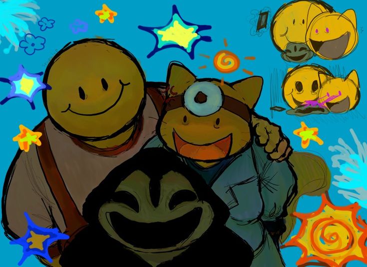 two cartoon characters are hugging each other in front of stars and smiley faces on a blue background