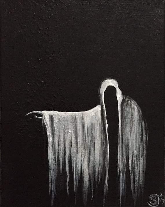 a black and white painting of a horse in the dark, with long hair flowing from it's back