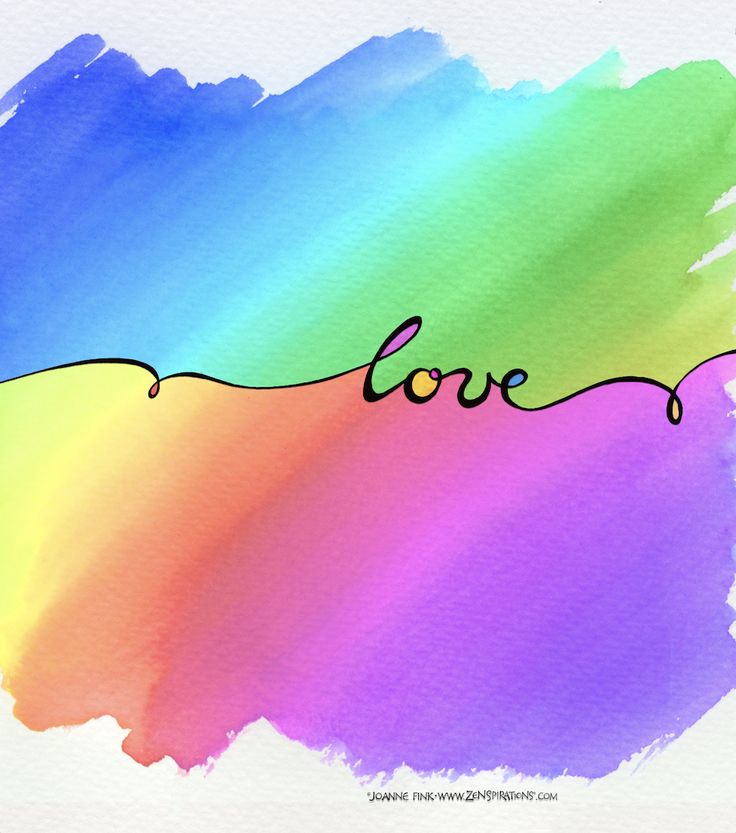 the word love painted in rainbow colors on a watercolor paper with brush strokers