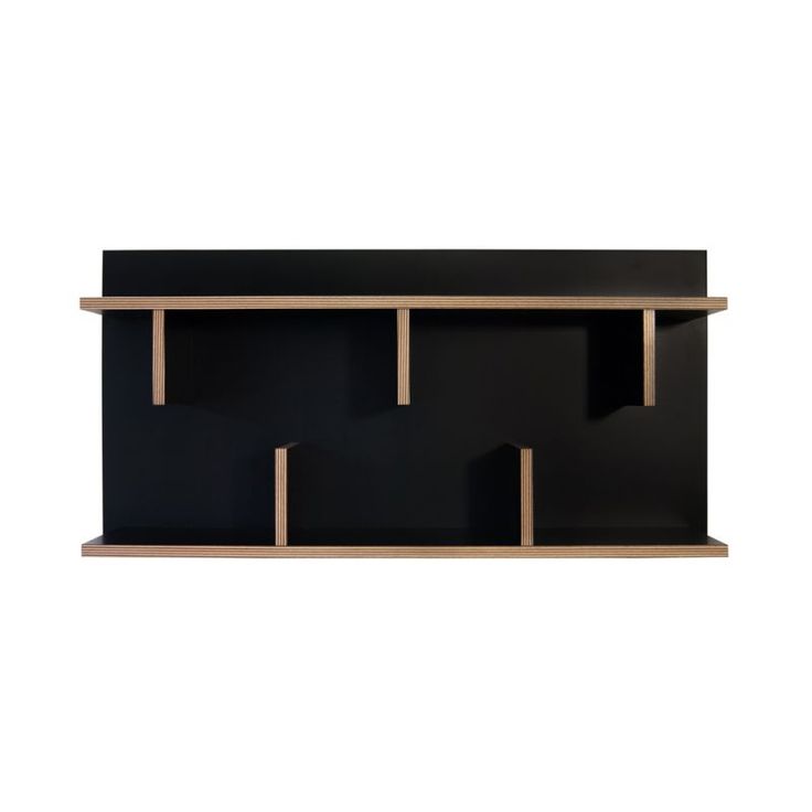 a black shelf with wooden shelves on it