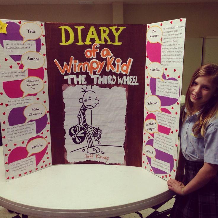 a girl standing in front of a display board with writing on it that says diary of a wimpy kid the third wheel