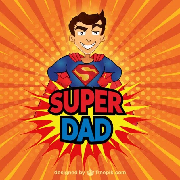 a cartoon character with the words super dad in front of an orange and yellow background