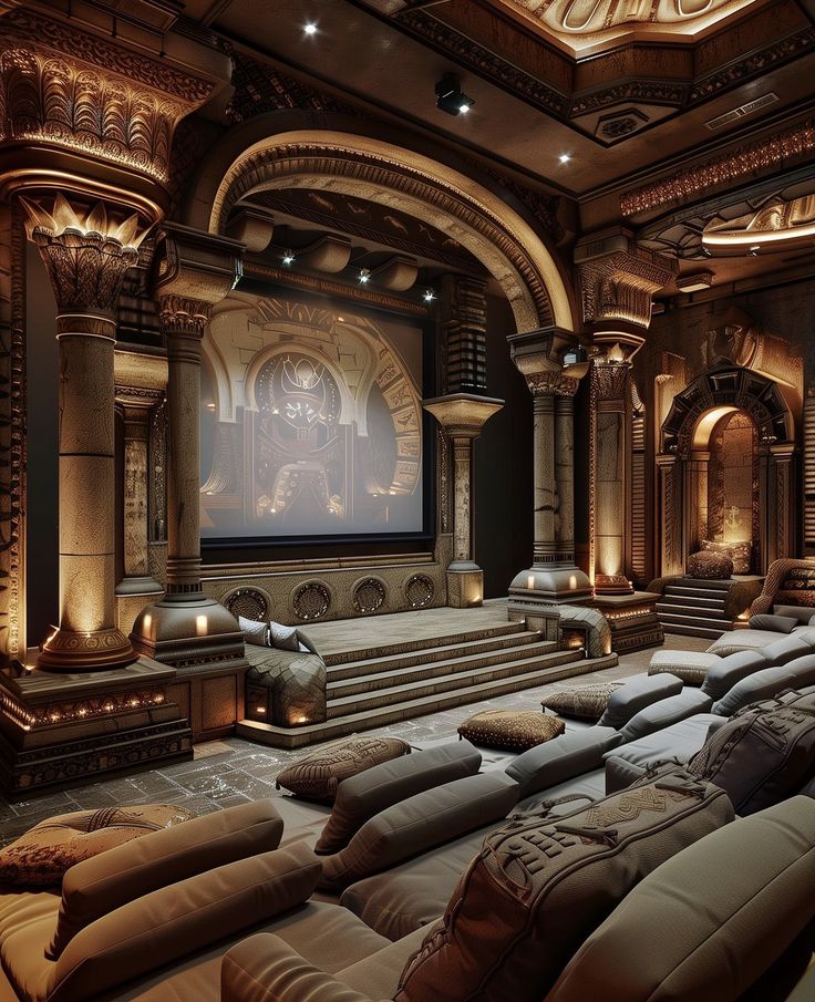 a large room with many couches and a projector screen in the middle of it