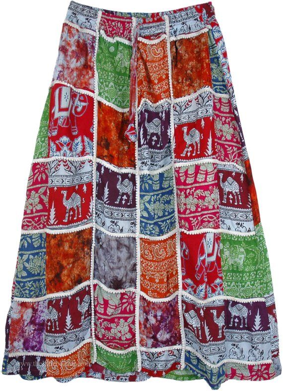 a multicolored skirt with many different designs on the front and side, all in various