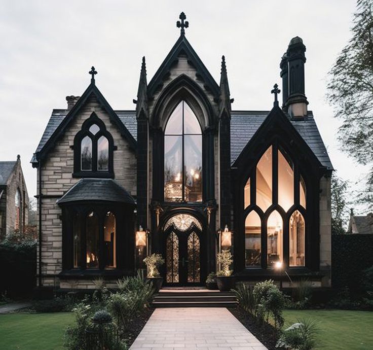 the entrance to a gothic - style house lit up at night with lights shining on it's windows