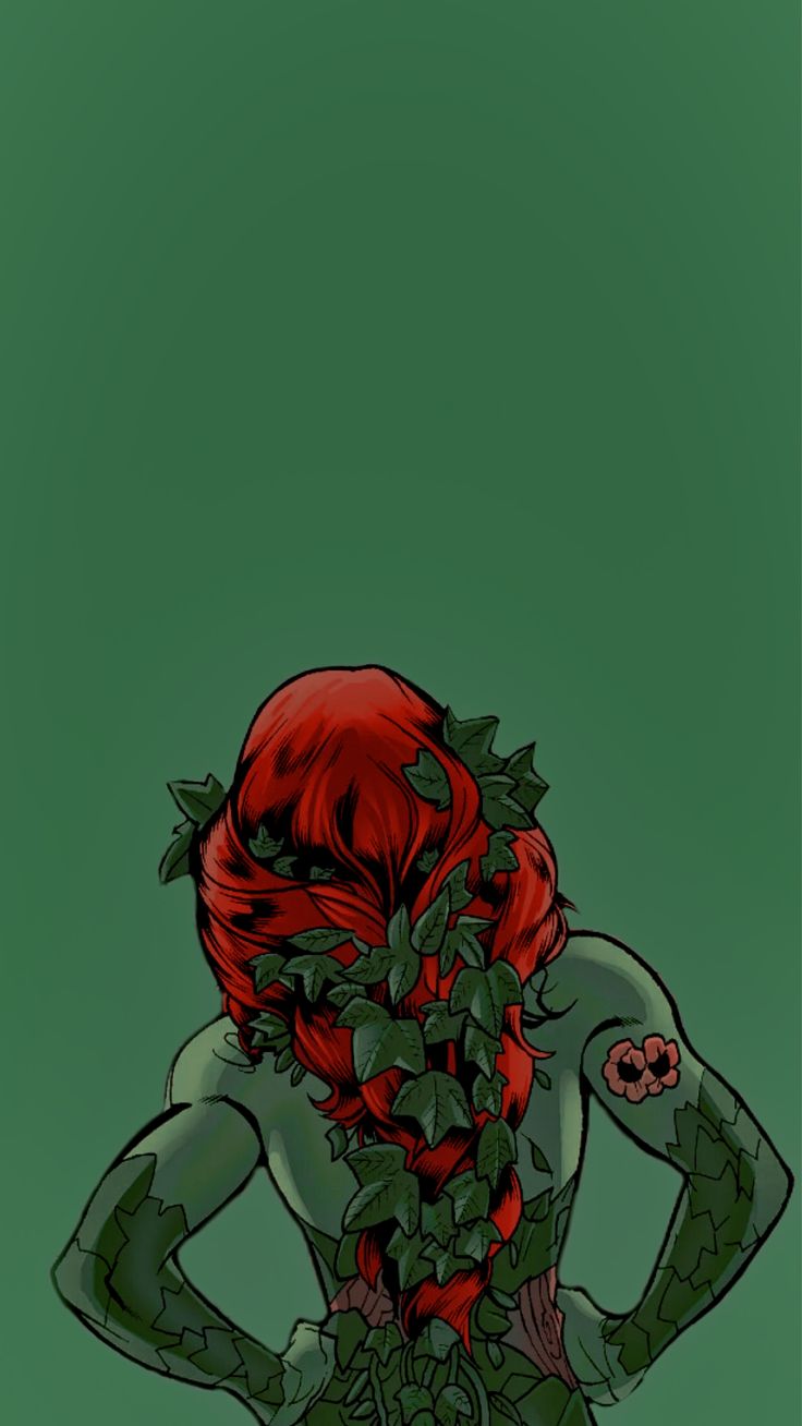 a drawing of a woman with red hair and ivy growing on her back, standing in front of a green background